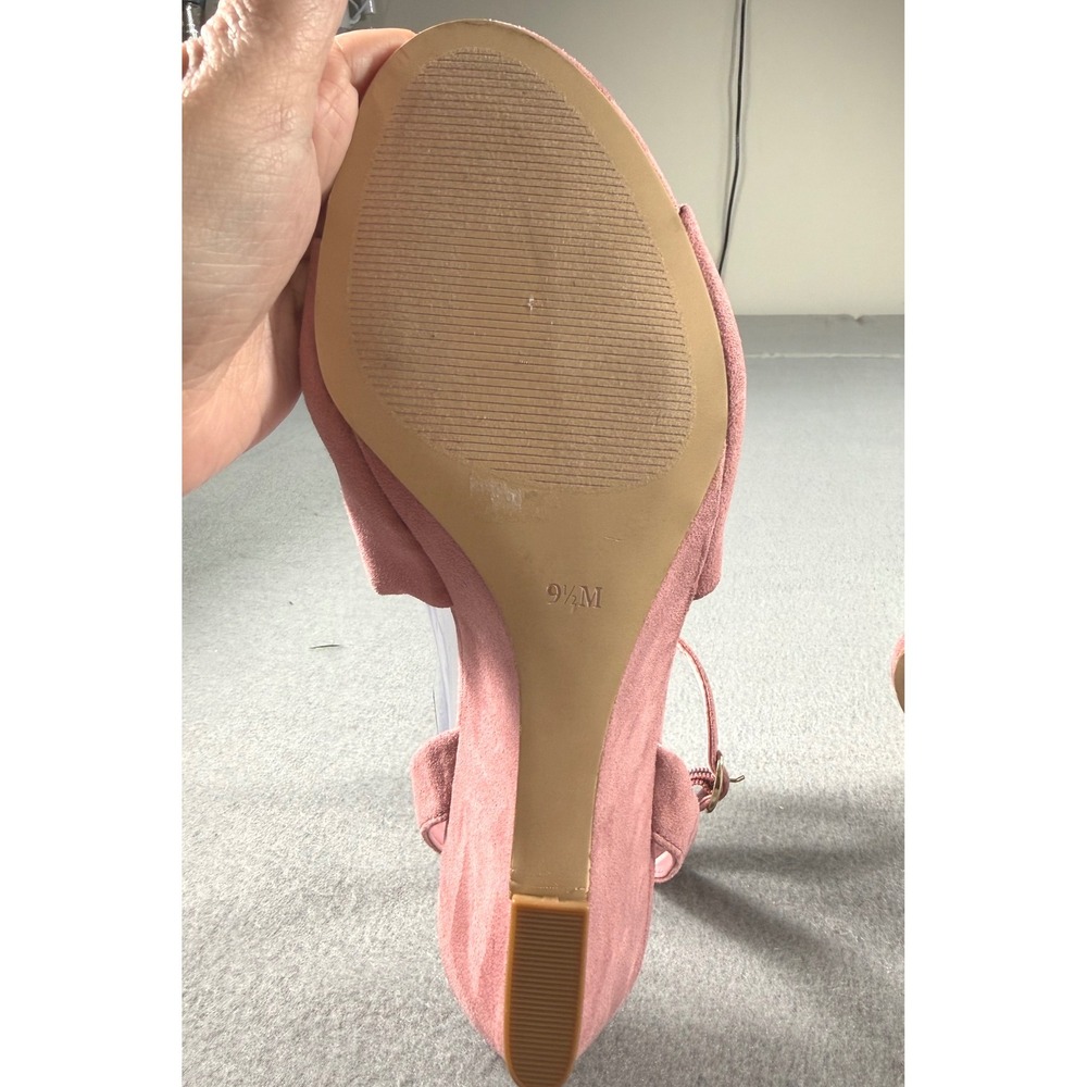 LOFT Blush Pink Suede Bow Wedge Heels Ankle Strap Sandals 9.5 Feminine Wedding - Picture 9 of 10
